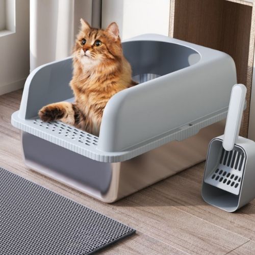 Bac à litière XXL en acier inoxydable avec tapis et pelle
