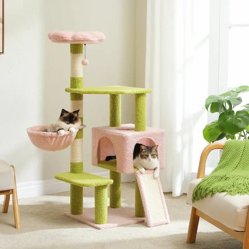 Arbre à chat de 120 cm en forme de fleurs, rose ou vert