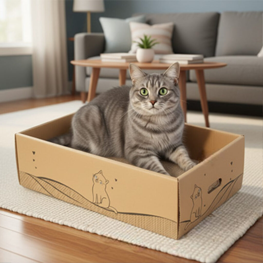 Griffoir pour chat en carton ondulé avec boîte de rangement