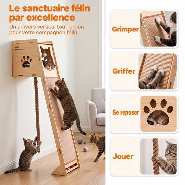 Infographie française de l’arbre d’activité pour chat : grimper, griffer, se reposer et jouer, sans végétation, image IA 600 × 600